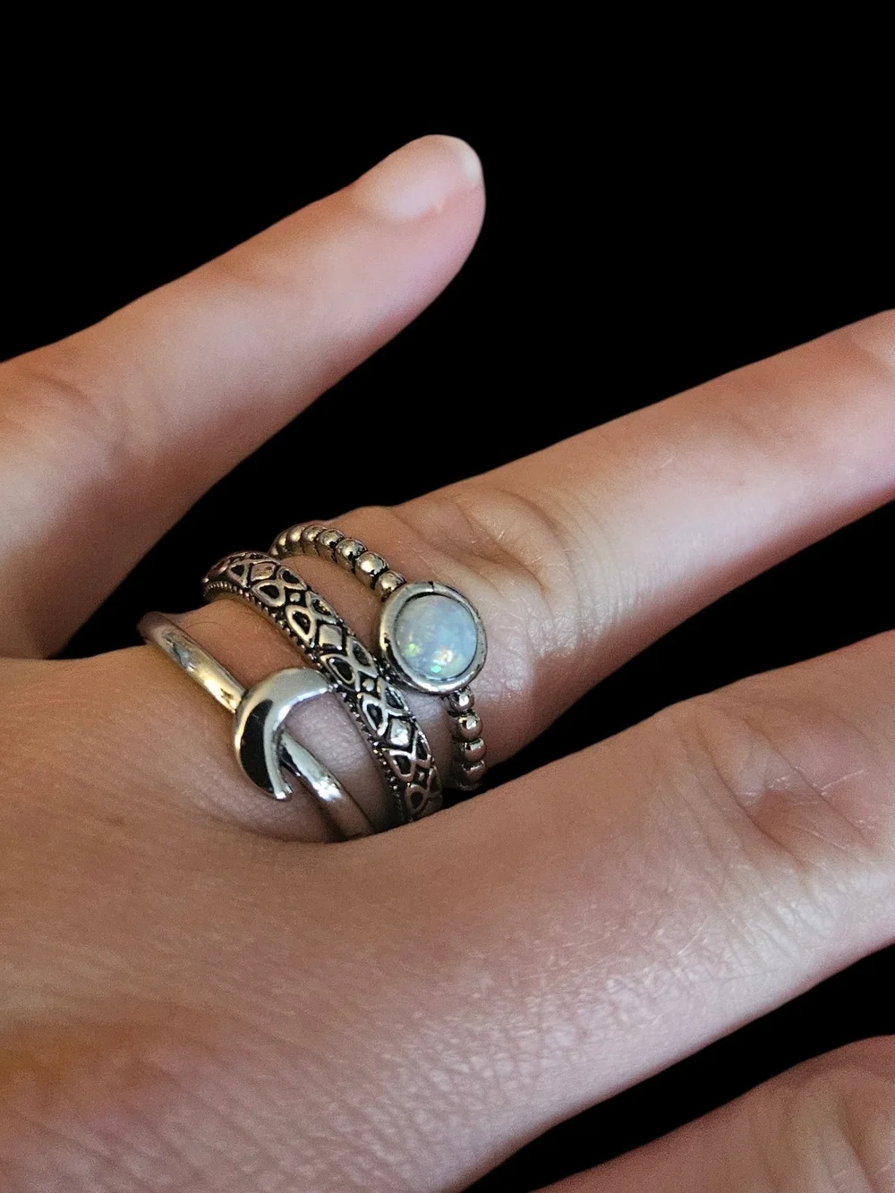 Sterling Silver Opal Stacking Rings - Iridescent White